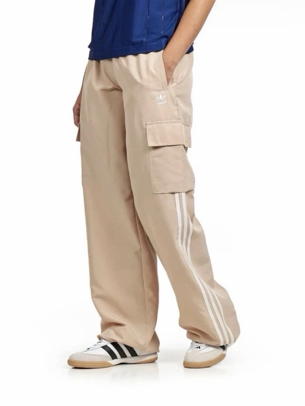 adidas Wide-Leg Beige Cargo Track Pants with White Stripes